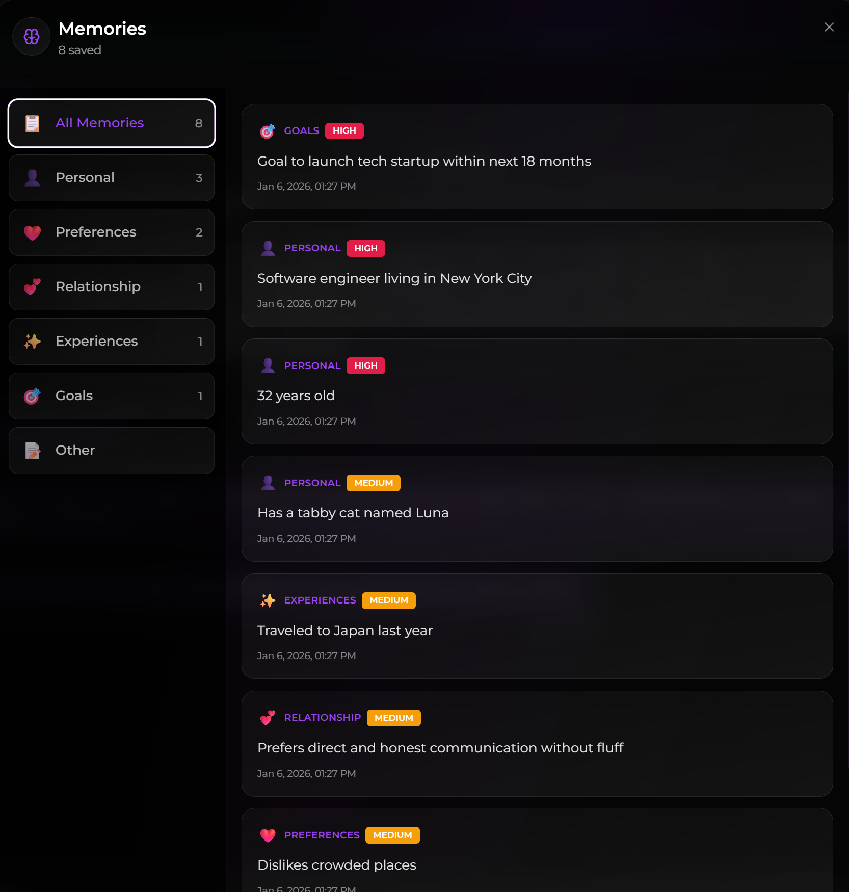 Secrets AI Memory panel with categories and importance levels