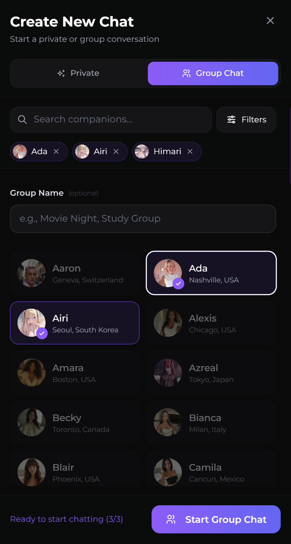 Secrets AI Create New Chat interface with the Group Chat tab