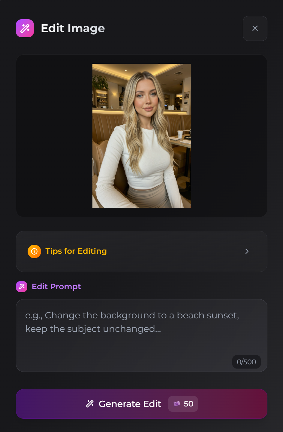 Secrets AI Edit Image interface with an instruction field