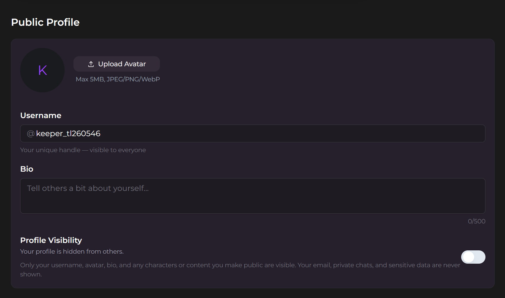 Secrets AI Public Profile username bio avatar and visibility settings