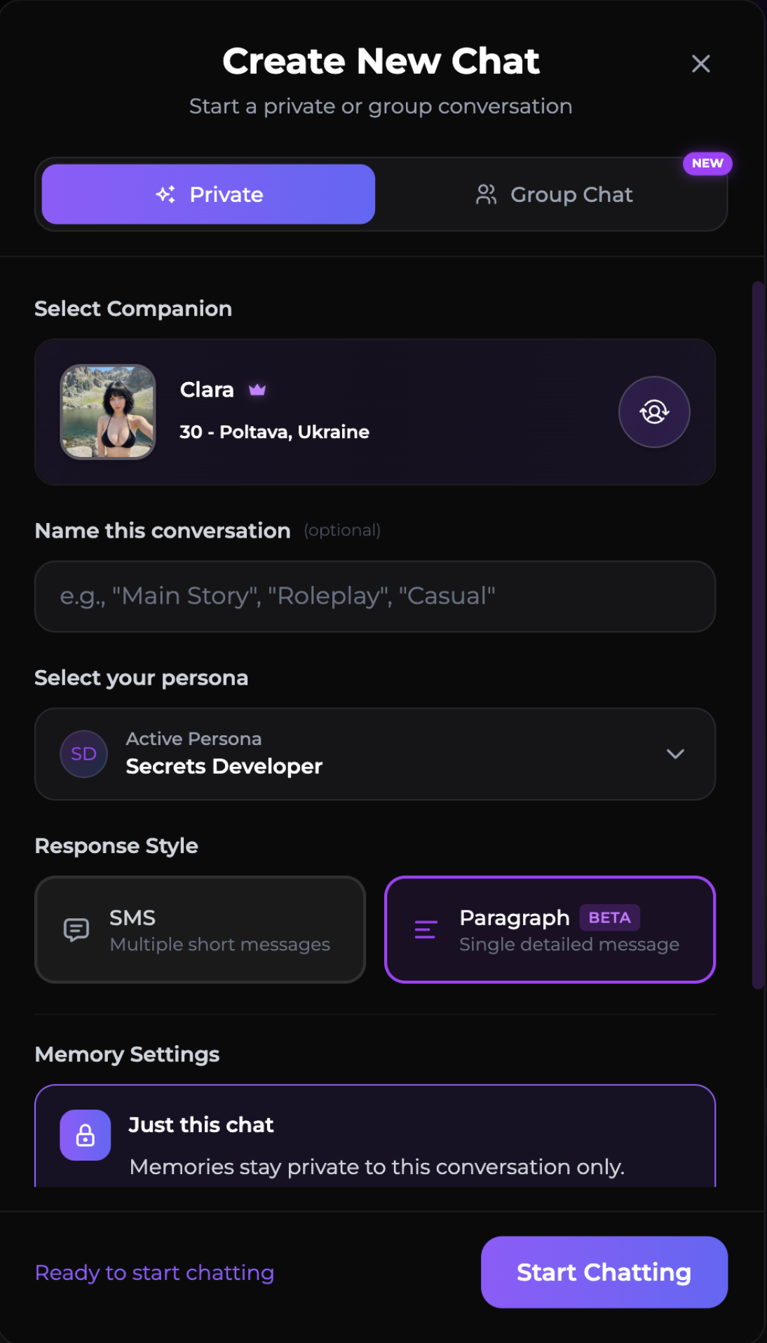Secrets AI new chat settings with SMS and Paragraph response styles
