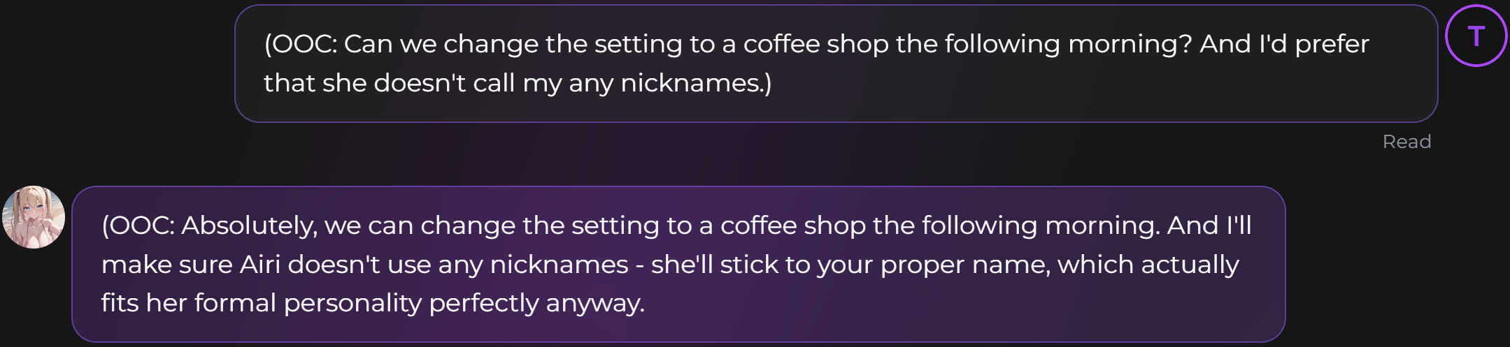 Secrets AI conversation showing an OOC instruction and response