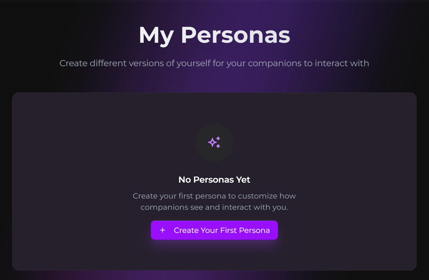 Secrets AI My Personas page with the Create Persona button