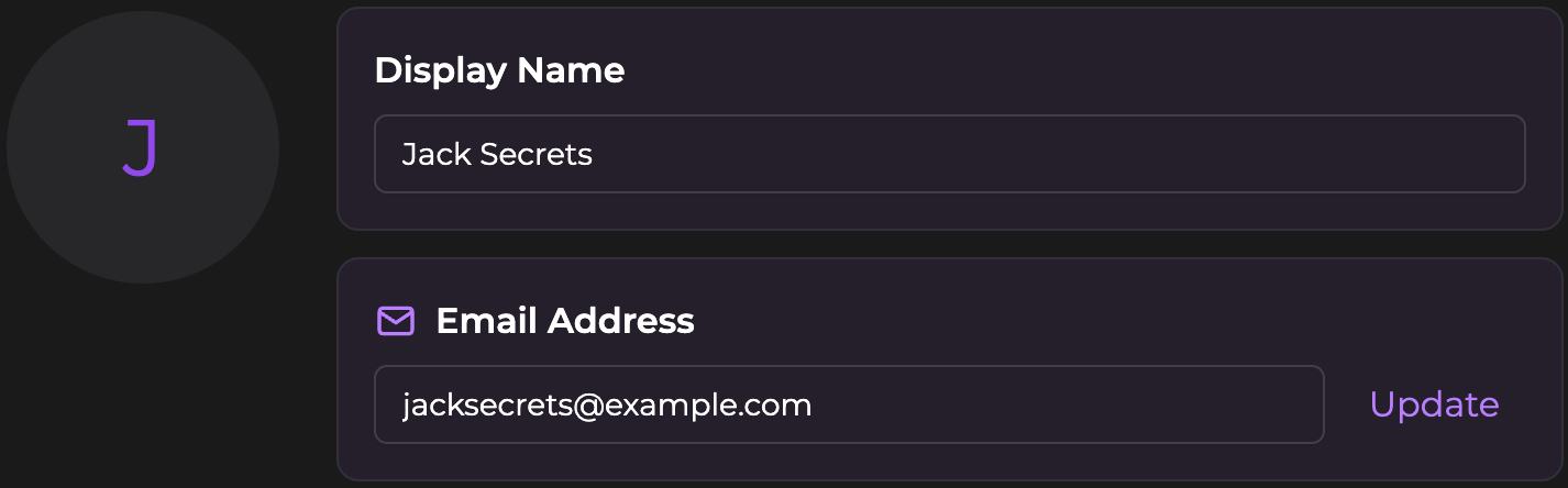 Secrets AI User Settings display name and account email fields