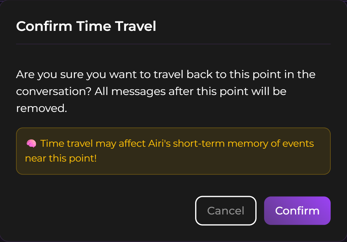 Secrets AI Confirm Time Travel warning dialog