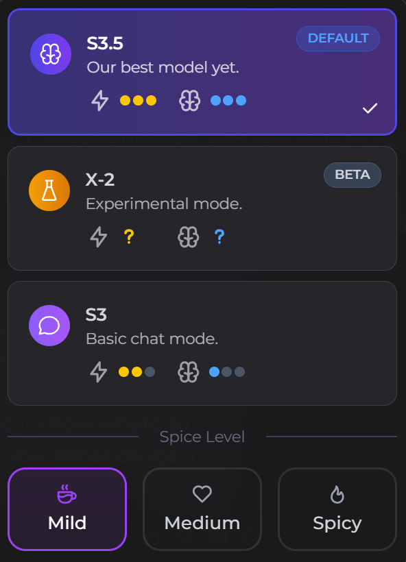 Secrets AI model selector and Mild Medium Spicy controls