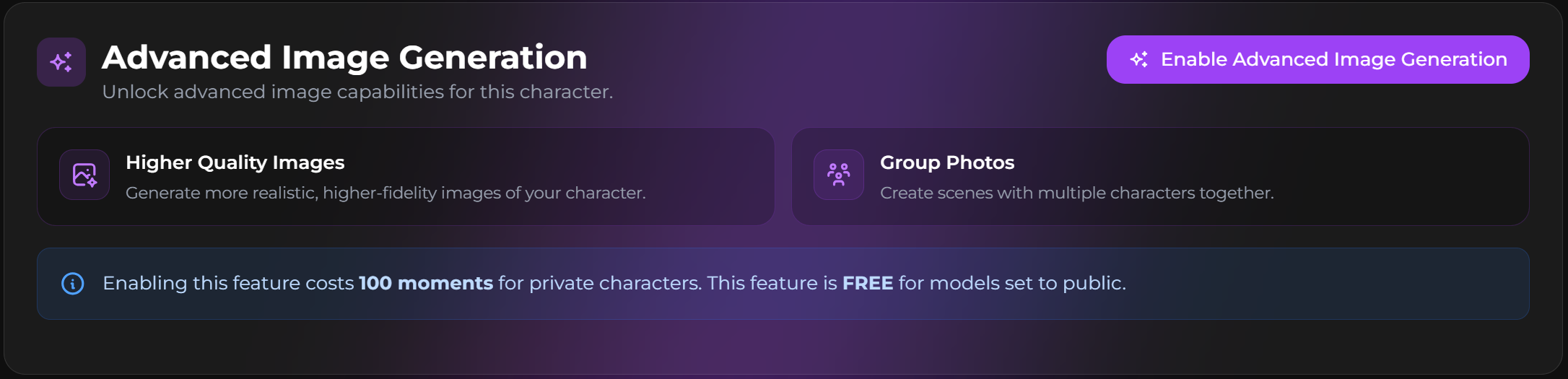 Secrets AI Advanced Image Generation settings for a custom character