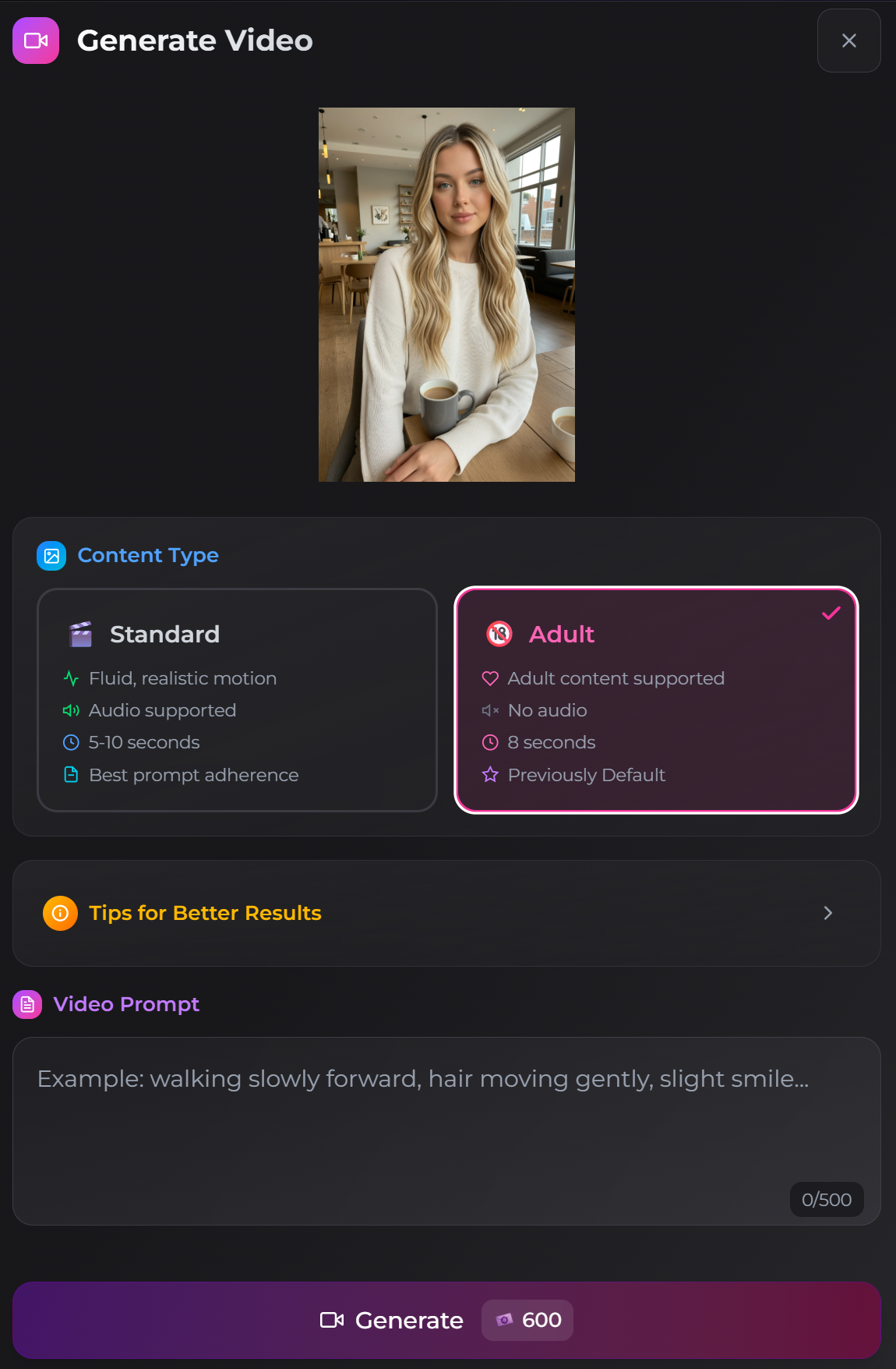 Secrets AI Generate Video interface with motion controls