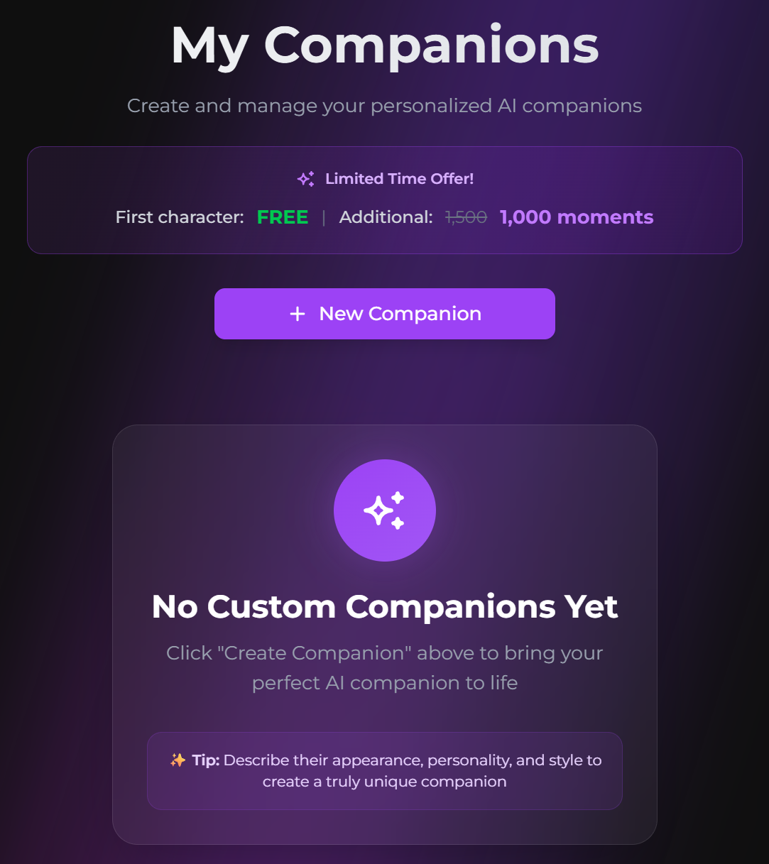 Secrets AI My Companions page with the New Companion control